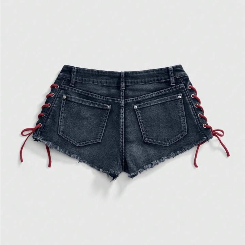 Y2K Patchwork Denim Shorts w/ Lace-Up Sides & Graphic – Festival/Rave - Picture 3 of 10